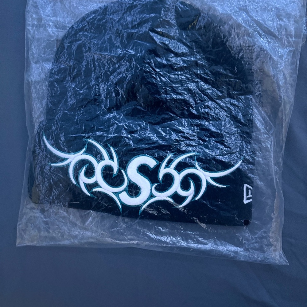 Supreme Black Beanie with white/teal Logo